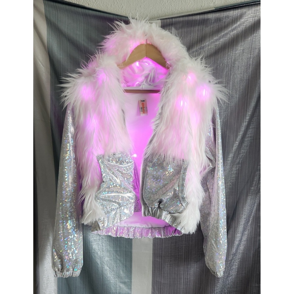 J. Valentine LED Light Up Faux Fur Holographic Silver Jacket Rave Festival S/M